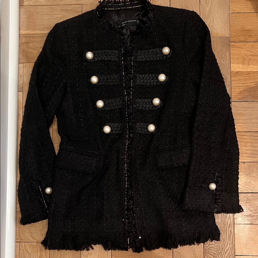 Zara Black Tweed Textured Military Blazer with Pearl Buttons Sz XS